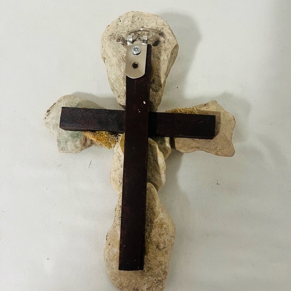 Handcrafted Cross Made of Stone with Amethyst Accent and Wooden Stick Heavy Rare - Picture 2 of 9
